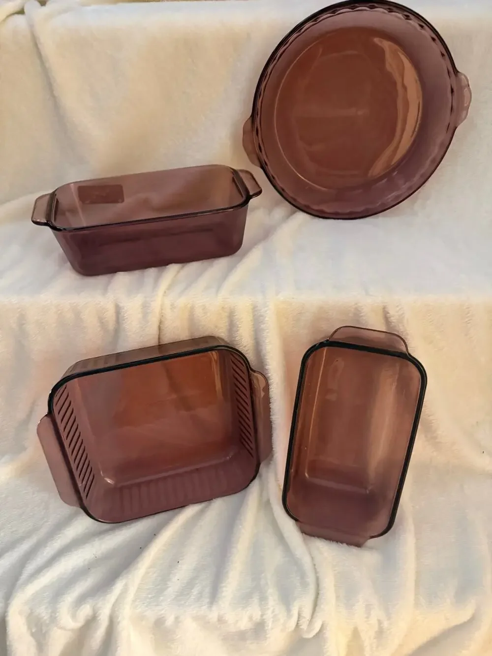 Set of 4 Vintage Pyrex Visions Cranberry Pie Plate Square Casserole 2 Loaf Pans
